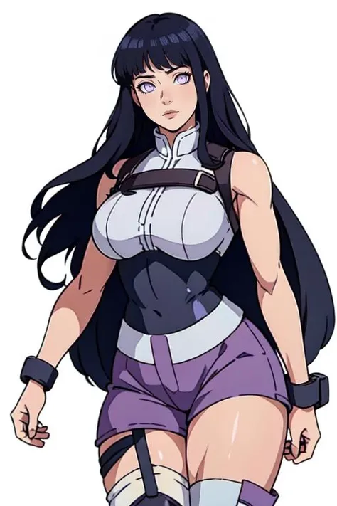 masterpiece,best quality,extreme detail,8k,white background,<lora:hinata:0.7>,hinata2,1girl,solo,long hair,looking at viewer,simple background,black hair,thighhighs,white background,standing,purple eyes,==boots,bandages,knee boots,toeless footwear,cowboy_shot,upper_body,large breats,wide hips,
