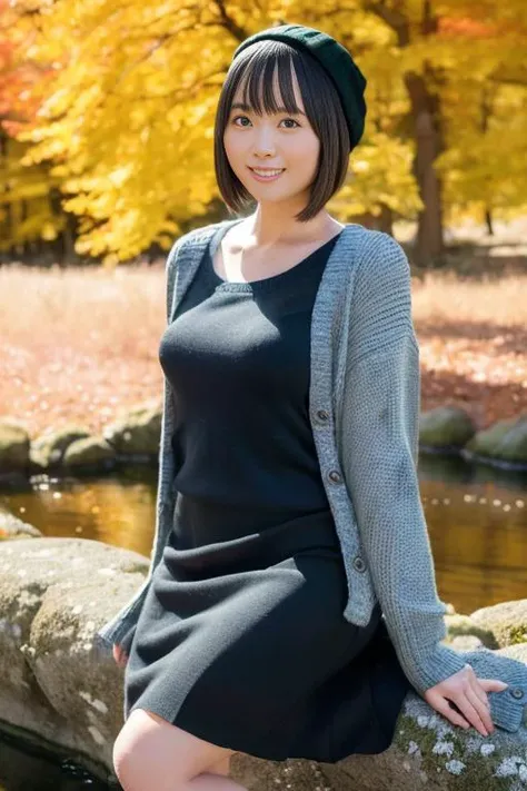 1girl,(wearing a cardigan and long skirt:1.2),(wearing a wooly beret),(RAW photo, best quality), (realistic, photo-realistic:1.4), masterpiece, an extremely delicate and beautiful, extremely detailed, 2k wallpaper, Amazing, finely detail, extremely detailed CG unity 8k wallpaper, ultra-detailed, highres, soft light, beautiful detailed girl, extremely detailed eyes and face, beautiful detailed nose, beautiful detailed eyes,cinematic lighting,(in a beautiful forest of pine trees at a Japanese countryside),(autumn scenery:1.3),(maple trees in autumn),(by a small rocky river),(morning light),perfect anatomy,slender body,(wide smile:1.3) <lora:yomichiyuki_lora:0.8>