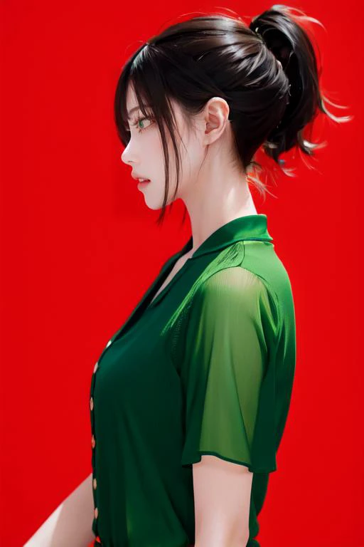 highly insanely detailed, masterpiece, top quality, best quality, highres, 4k, 8k, RAW photo, (very aesthetic, beautiful and aesthetic), <lora:BLGirl_R240512_white:1>, profile, 1girl,  (amber eyes), hair, short hair,jet black hair, high ponytail hair,  green clothes, partially unbuttoned, button bursting, revealing clothing, open buttons, straining clothing, cleavage, , (straddle), pure red background, transparent background,