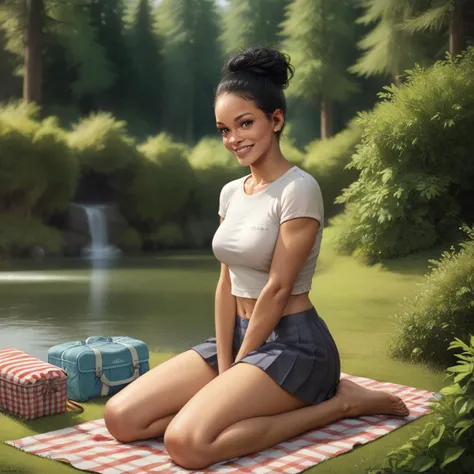 score_9, score_8_up, score_7_up, semi-realistic, source_anime, professional full body photograph of a woman, she's <lora:rihanna_ponyxl_aut_xl_1_st_wicap_merger_67_73_02_08-rixhnna:1> rixhnna, long black hair, hair pulled back, hair combed backwards, wearing casual clothes, skirt and a sleevless shirt, smiling, she has black skin. She's sitting on a picnic cloth, by a river in a forest, trees in the background, sunny day, warm lighting, <lora:Realistic000003_1_2.5DAnime_0.05_Merge1:0.5>
