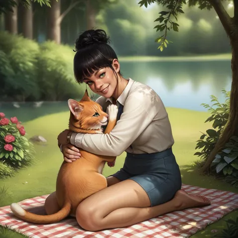 score_9, score_8_up, score_7_up, semi-realistic, source_anime, professional full body photograph of a woman hugging a cat, she's <lora:rihanna_ponyxl_aut_xl_1_st_wicap_merger_67_73_02_08-rixhnna:1> rixhnna, long black hair, hair pulled back, hair combed backwards, wearing a casual skirt and a sleevless blouse, smiling, she has black skin and she is (hugging a cute orange cat). She's sitting on a picnic cloth with her cat, by a river in a forest, trees in the background, sunny day, warm lighting, rating_safe.  <lora:Realistic000003_1_2.5DAnime_0.05_Merge1:0.5>