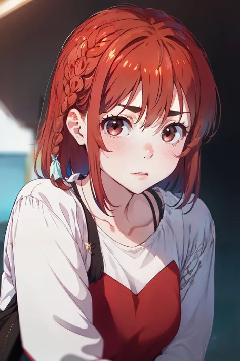 1girl, solo, <lora:Sakurasawa Sumi_V1-000004:0.8>, Sakurasawa Sumi, braid, brown eyes, red hair, medium hair, shy, (masterpiece:1.2), highres, best quality, 8k, very clear,