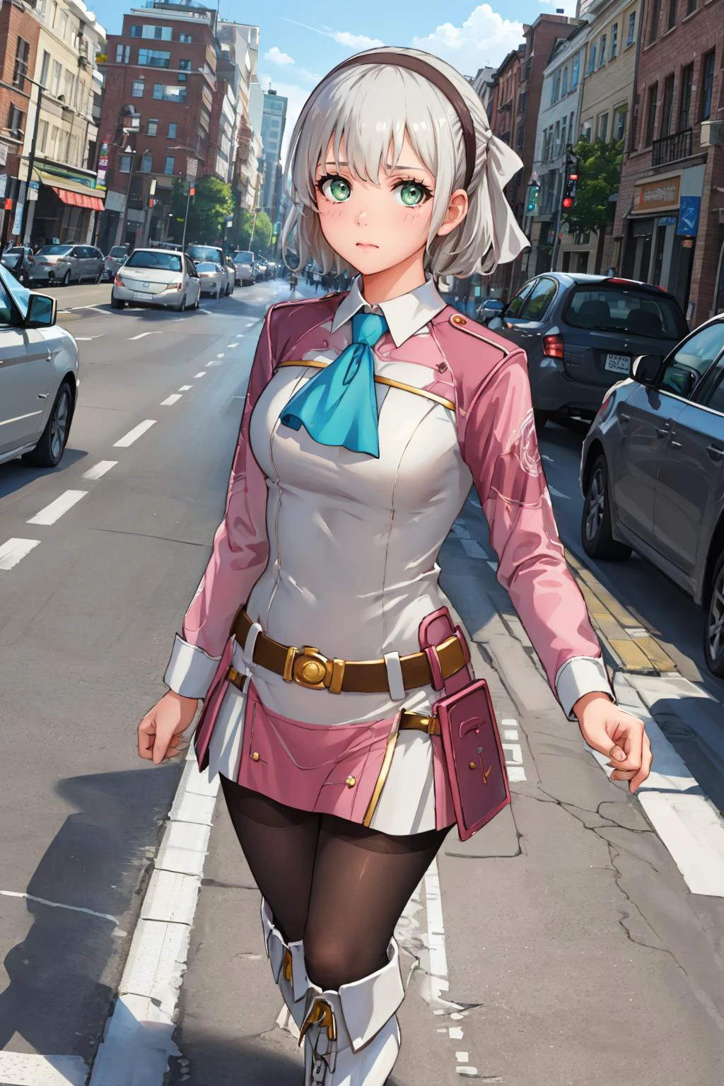 masterpiece, best quality, <lora:leg_slider_v1_10:-2> <lora:elie-nvwls-v2-zero:0.8> elie macdowell, green eyes, hairband, blue ascot, hair ribbon, long sleeves, belt, pantyhose, white boots, standing, looking at viewer, cityscape, furrowed brow
