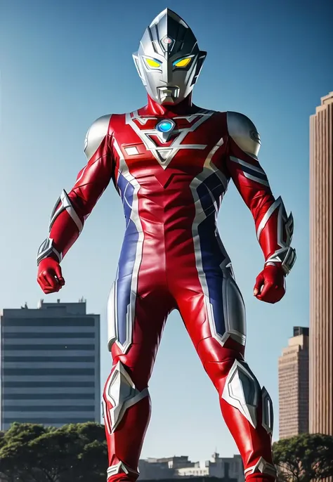 ultraman, giant hero, glowing red eye, city, building, noon, (full body), cinematic lighting, highly detailed, hdr, realistic, (((detailed background))), perfect anatomy, <lora:ultraman2:0.7>