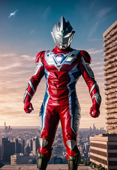 ultraman, giant hero, glowing red eye, city, building, noon, (full body), cinematic lighting, highly detailed, hdr, realistic, (((detailed background))), perfect anatomy, <lora:ultraman2:0.7>
