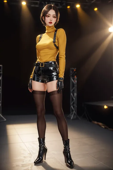 highres,absurdres,masterpiece,best quality,original,extremely detailed CG,extremely detailed wallpaper,perfect lighting,jitome,lips,makeup,standing on the stage,blurry background,
<lora:Sweater_Shorts_By_Stable_Yogi:0.7>,yellow sweater,turtleneck,harness,pantyhose,gloves,belt,latex shorts,high heel boots,