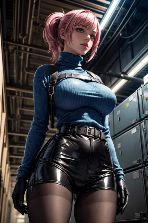 (ultra realistic,32k, masterpiece:1.2),(high detailed skin:1.1),( high quality:1.1),
1girl,pink hair, ponytail hair, bangs,(aqua eyes:0.9),<lora:Sweater_Shorts_By_Stable_Yogi:0.5>UA blue sweater, turtleneck, harness, gloves, belt, latex shorts,pantyhose, , <lora:add_detail:0.88>,huge breast,(looking at viewer, standing, from below:1.1),
,(dynamic lighting:1.1), underground data vault, secret data storage facilities, encrypted archives, forbidden knowledge repositories