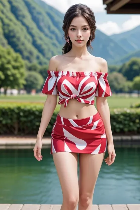 1girl, beautiful, detailed, realistic, masterpiece, looking at viewer, hour glass body, scenic view, full body shot
<lora:Candy_Shirt_Skirt_By_Stable_Yogi:0.8> off shoulder, tied shirt, short sleeves, midriff, micro miniskirt, candy cane pattern