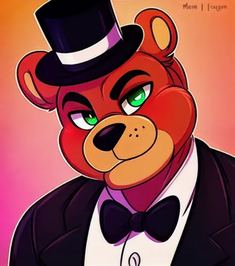 Freddy Fazbear, simple background, portait, solo, looking at viewer, top hat, male <lora:merunyaaStyleLORA_v2:0.6> art by merunyaa