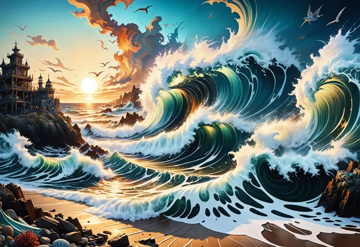 Hyper-maximalist, extremely intricate, chaotic, abstract, bedlam, landscape, beach, ocean waves