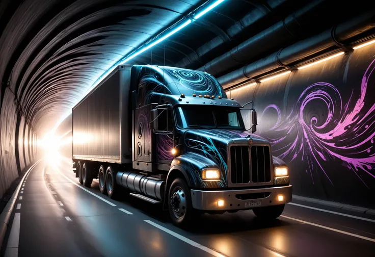 Hyper-maximalist, soft lighting, extremely intricate, truck, tarmac, tunnel, speed lines, Ink swirl wall art, cyberpunk noir,