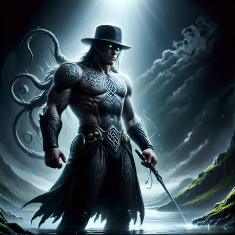 Classic black and white film noir with dramatic lighting, strong shadows, and intense character expressions, gritty urban environments, celtic, Symbols Water Strider Amphibole Otherworldly Clasp, classic, dramatic lighting, strong shadows, intense character expressions, gritty, urban environments, suspenseful, crime, mystery