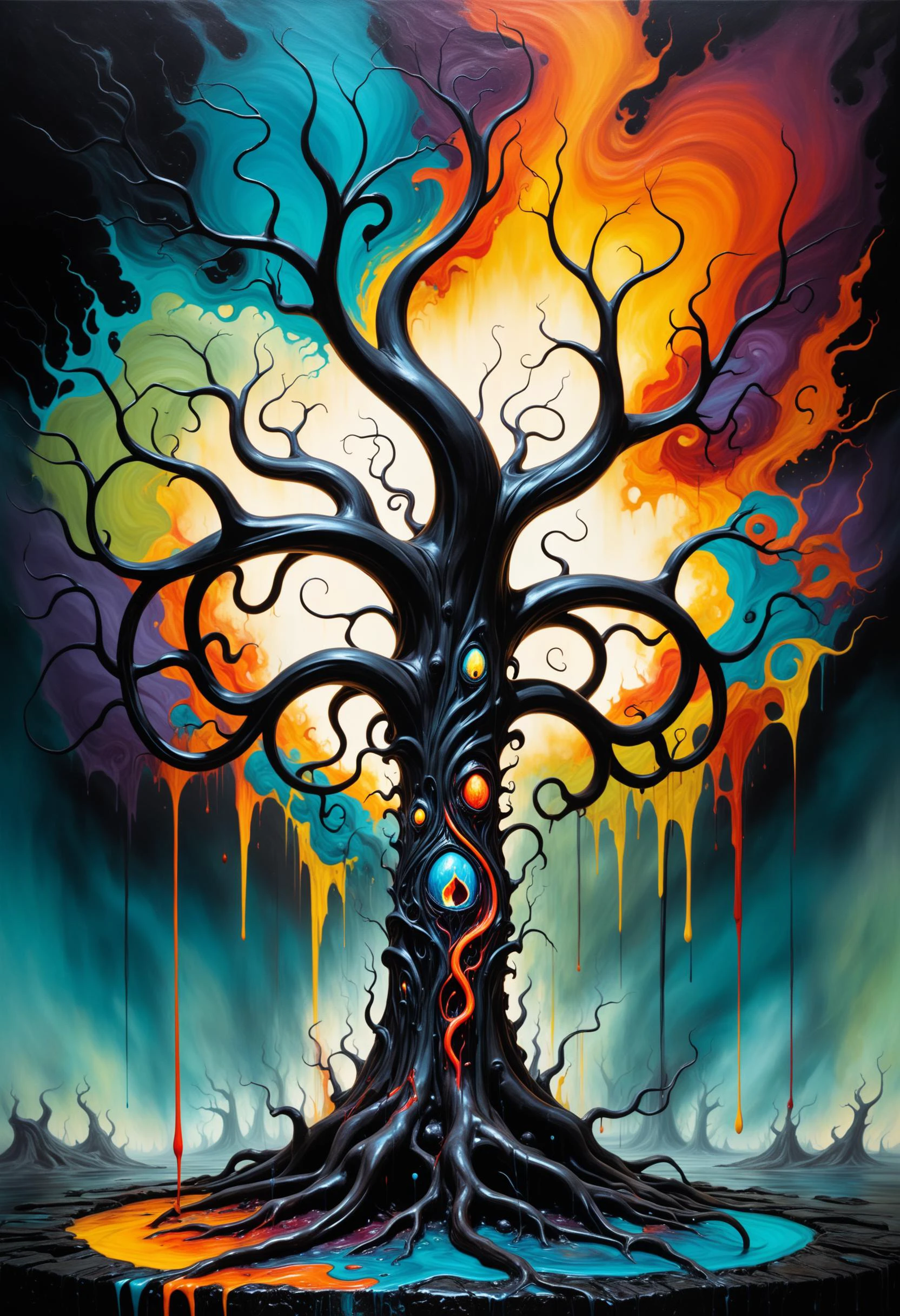 Hyper-minimalist, extremely intricate, abstract, chaotic, bedlam, paranoia, tree mutant, psychosomatic, calcium, onyx, chitin, dripping vibrant colours, whimsical horror, swirling, burning oil