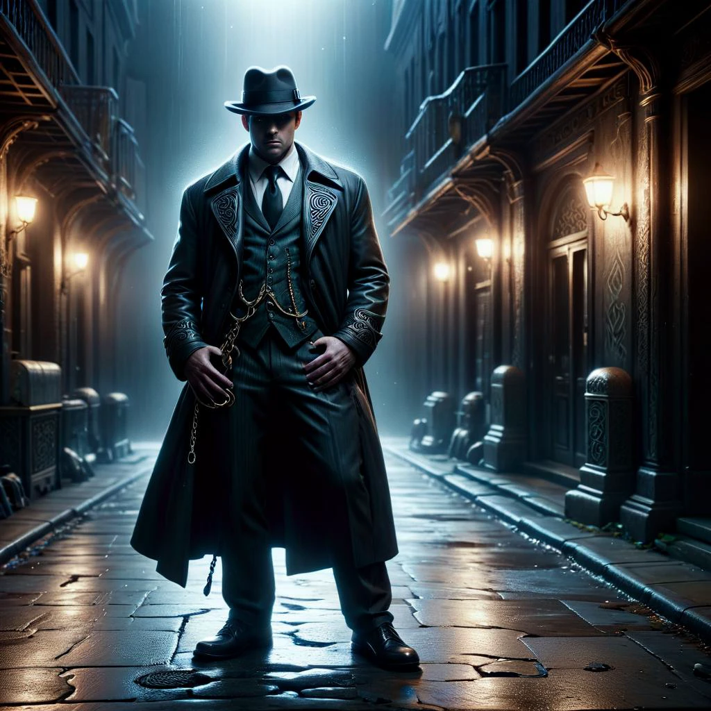 Classic black and white film noir with dramatic lighting, strong shadows, and intense character expressions, gritty urban environments, celtic, Chains Grasshopper Apatite Ghostly Desolation, classic, dramatic lighting, strong shadows, intense character expressions, gritty, urban environments, suspenseful, crime, mystery