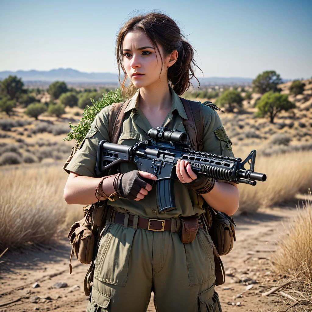 Documentary photography style capturing real-life events, often with a journalistic approach, flat breasted woman with a machine gun, documentary photography, real-life events, journalistic approach, authentic, unscripted, raw, natural, candid