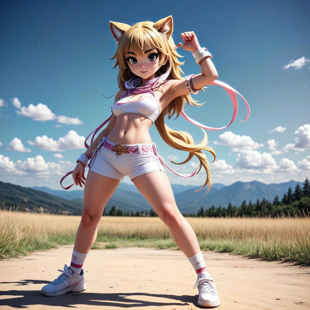 Photographic style capturing subjects from head to toe, emphasizing the entire body within the frame, Anime cartoon simple style cute (anthro puma kung-fu master:1.3), bandage clothing, bandaged hands, bandaged chest, white knee-high socks, full body, head to toe, inclusive, dynamic, energetic, balanced composition, versatile