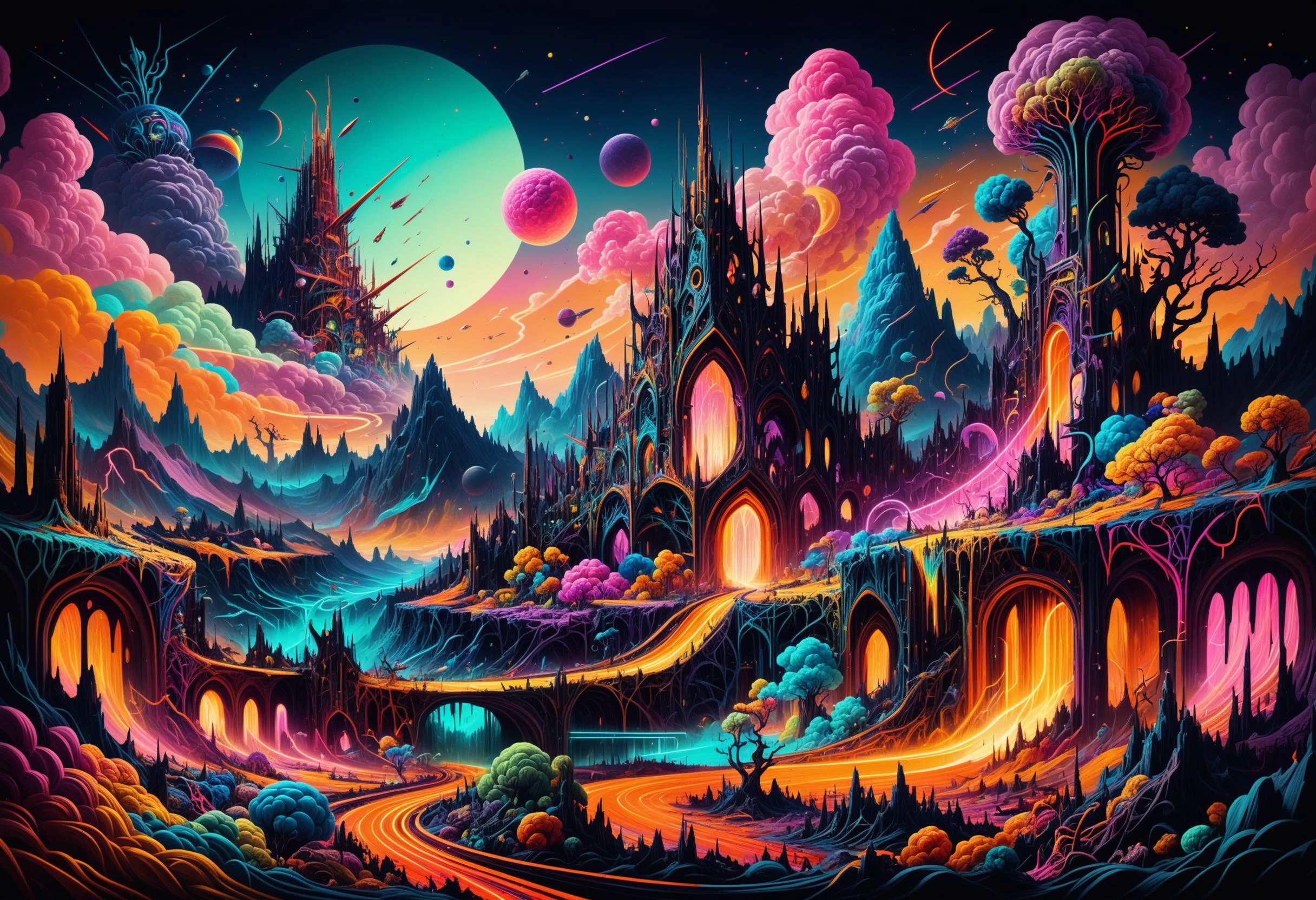 Hyper-maximalist, extremely intricate, chaotic, abstract, bedlam, landscape, neon colours