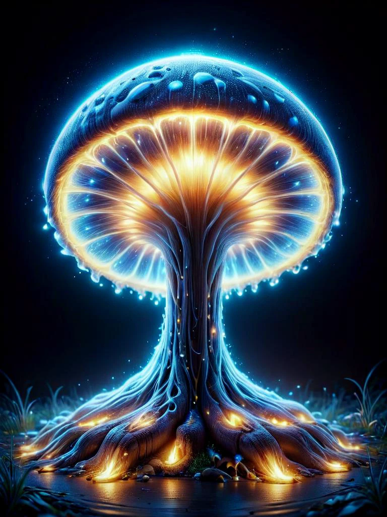 High key photography style with bright, well-lit scenes and minimal shadows, Digital Artwork:1.3 of an octane render of a nocturnal landscape, where a cluster of bioluminescent fungi thrives with an intense, radiant blue glow. This serene tableau is captured in a digital painting style that expertly blends realism with a touch of the otherworldly, aiming for an 8k resolution. The palette is a study in contrasts, with deep indigo and electric blue hues dominating, accented by subtle shades of ultramarine and teal. Light plays off the smooth surfaces of the fungi, with skillful use of shading and highlights that give the scene a luminous quality. The composition is meticulously crafted to create an atmosphere of wonder and tranquility, with each mushroom cap glowing like a beacon in the darkness. This image, suitable for a high-concept art piece or a visually stunning game environment, emphasizes a deep depth of field and a global illumination technique that enhances the intricate details and surreal beauty of this enchanting, glowing forest. Blue lighting everywhere, high key, bright scenes, minimal shadows, airy, cheerful, optimistic, clean, uplifting,breathtaking, hyper realistic, hyper detailed, maximum fidelity, ultra-high detail, ultra-HD, Panavision Millennium DXL2 8k professional, hyperdetailed, maximum fidelity, quality, cinematic, subsurface scattering, maximal attention to correctness and detail, spectrographic illumination, rainbow environmental refraction