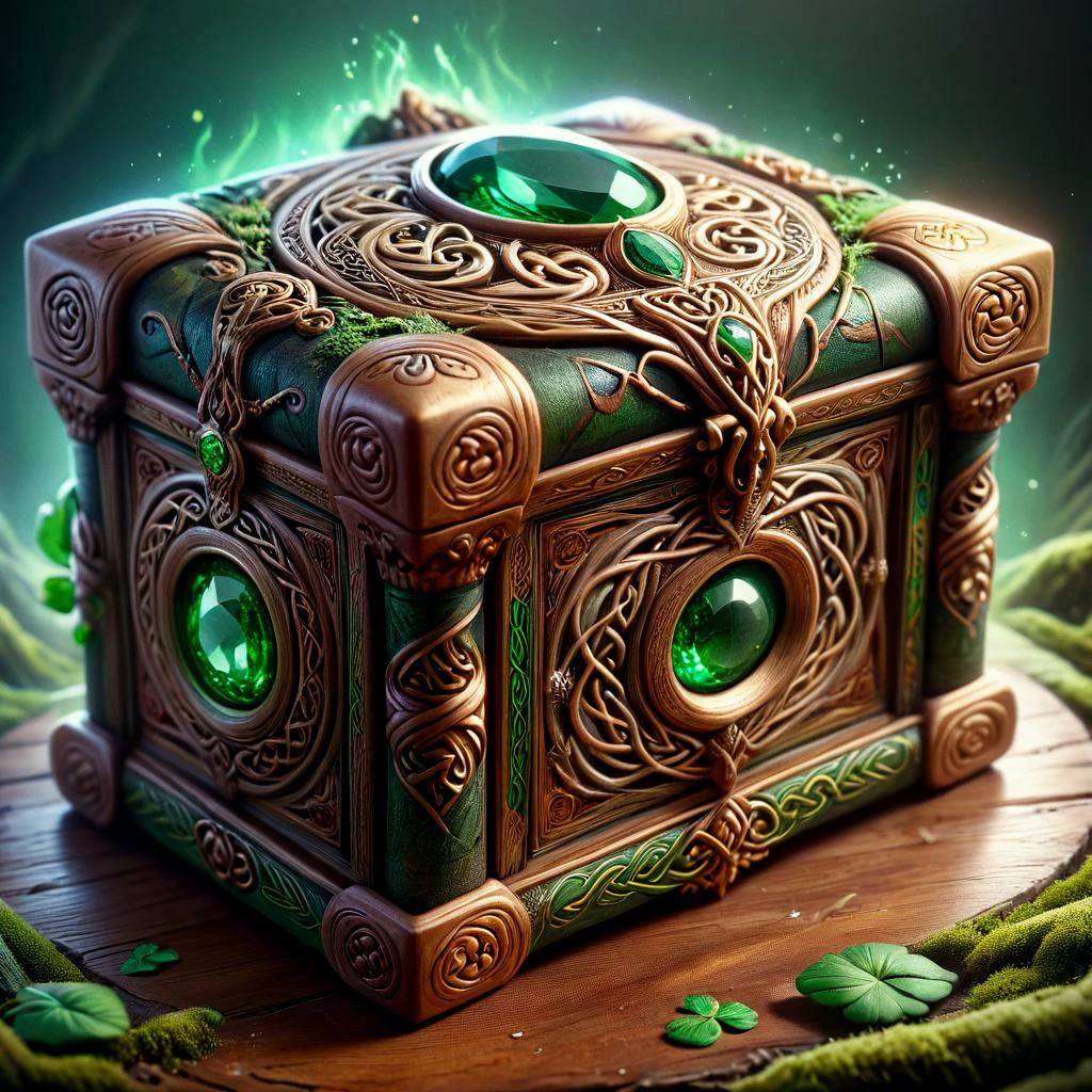 Baroque style with ornate details, dramatic compositions, and a sense of grandeur and opulence, celtic druidic ornate wooden box with gem filigree, Slime Earwig Olivine Spine-chilling, baroque, ornate details, dramatic compositions, grandeur, opulence, luxurious, majestic, theatrical