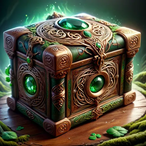 Baroque style with ornate details, dramatic compositions, and a sense of grandeur and opulence, celtic druidic ornate wooden box with gem filigree, Slime  Earwig  Olivine  Spine-chilling, baroque, ornate details, dramatic compositions, grandeur, opulence, luxurious, majestic, theatrical