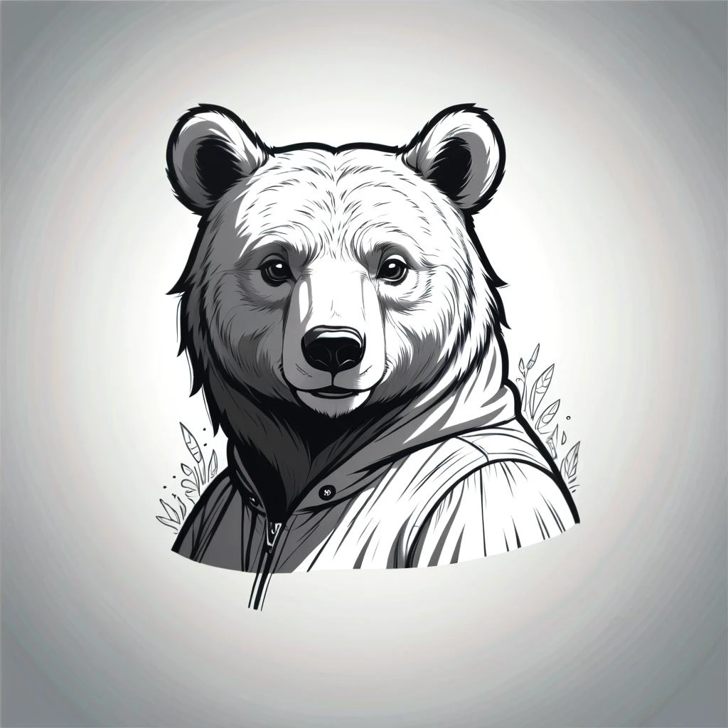 greyscale bear, simple outline, colouring book style