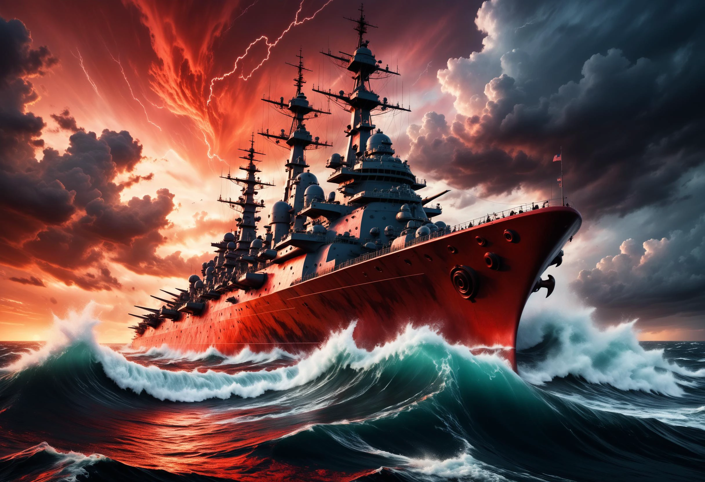 Hyper-maximalist, extremely intricate, abstract, hell, red water, red sky, battleship, modern, storm clouds, ocean waves