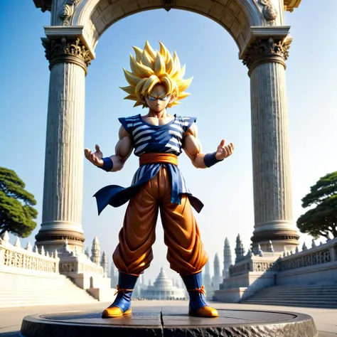 MHXL-Pos, claymation super sayan goku solo, A solitary figure, dressed in a striped shirt and a top hat, stands in front of a grand monument. The structure is adorned with intricate sculptures of Bro,MHXL-Pos, claymation super sayan goku solo, A solitary figure, dressed in a striped shirt and a top hat, stands in front of a grand monument. The structure is adorned with intricate sculptures of Bro