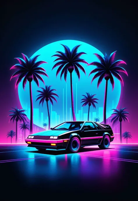 "a minimalist and high-contrast print design inspired by the Synthwave genre and the aesthetics of the 80s. Utilize vibrant neon colors against a dark background to evoke a retro-futuristic feel. Incorporate a car , iconic symbols such as palm trees or cassette tapes, and emphasize geometric shapes and sharp lines for a sleek and modern look. Keep the design clean and focused, capturing the essence of Synthwave's nostalgic vibe with a contemporary twist."