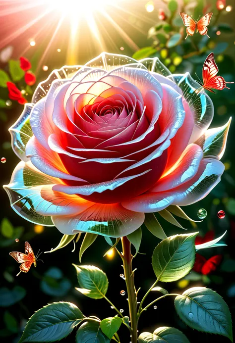 Abstract realism style with a blend of realistic elements and abstract interpretations, a beautiful transparent glass red rose with a exquisite fragile iridescent glass leafs, surrounded with [white:2] butterflies, intricate details, masterpiece, award winning, rich, breathtaking, golden hour light, bokeh, atmospheric, ((close up)), abstract realism, blend, realistic elements, abstract interpretations, innovative, experimental, dynamic, thought-provoking