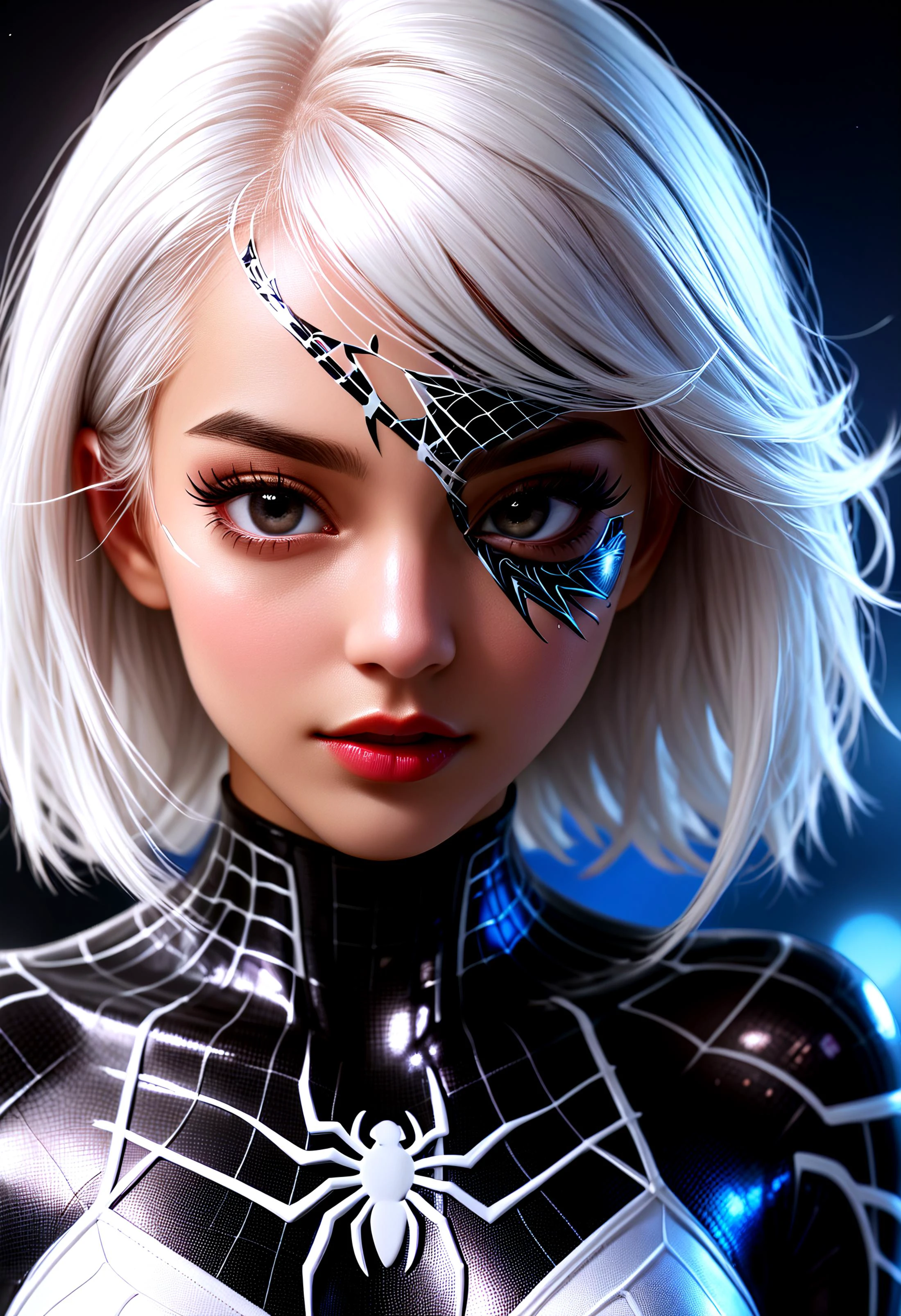 Abstract realism style with a blend of realistic elements and abstract interpretations, black Spider Man costume,1girl,waist up,solo,lips,(shiny skin:1.2),mole under eye,(White hair:1.1),spider web print,gloves,blury background,depth of field,night scene, abstract realism, blend, realistic elements, abstract interpretations, innovative, experimental, dynamic, thought-provoking