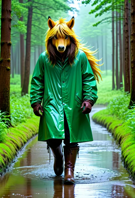 A visual style characterized by pixelated graphics, often reminiscent of retro video games, , feral pony, pony, stallion, male pony, 1 boy, solo, earth pony, feral, golden yellow fur, long dark brown mane, long hair, sideswept bangs, one eye covered, long dark brown tail, lanky, fluffy, yellow eyes, green raincoat, long raincoat, hood, hood up, ears covered by hood, green rubber boots, heavy rain, downpour, overcast, forest, path, mud, walking, side view, looking at viewer, wet, dripping, summer, pixel art, retro, nostalgic, iconic, low resolution