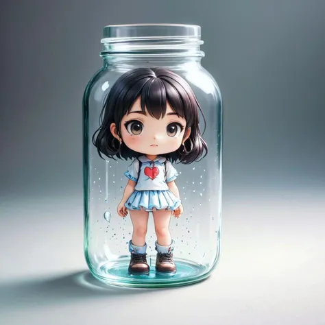 A 2D colour cartoon sticker style, simple and defined with a simple solid black outline, (white background:1.1) with no borders or margins or gaps, flat, (contiguous:1.25), (simple edges:1.2), MINIATURE PAPER ANIME GIRL IN A REAL JAR, simple background, outline, black outline