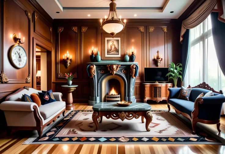 RAW professional photograph of a living room with exquisite polished stone motif, (polished ornate wooden accents everywhere), everything is surrounded by luxurious vintage iconography, knitted blanked draped ,RAW professional photograph of a living room with exquisite polished stone motif, (polished ornate wooden accents everywhere), everything is surrounded by luxurious vintage iconography, knitted blanked draped