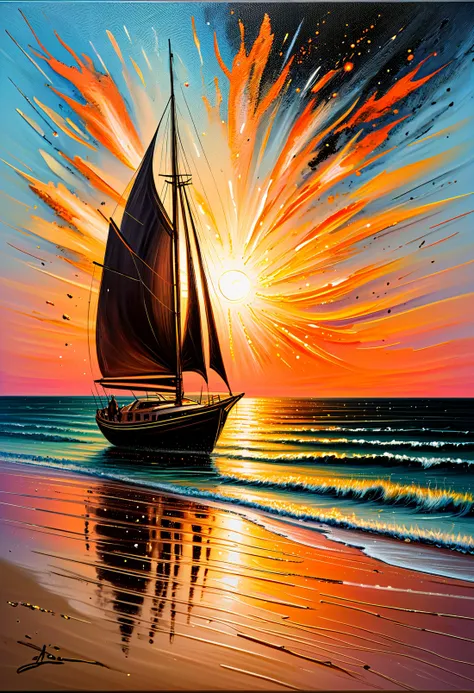 sparkles, Impressionist oil painting on an old canvas, sunset on the beach , yatch on the sea, energetic strokes, black and bronze palette, fine and detailed strokes, Ectoparasitism, Lungs