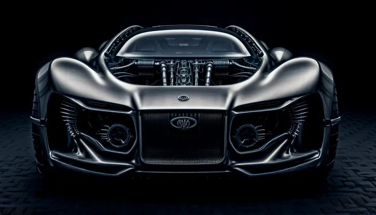 biomechanical cyberpunk c_car,concept ,futuristic, (front view:1.15), minimalism, ultrawide, masterpice, 8k, biomechanical elemnts, (by h.r. giger:0.5),, . cybernetics, human-machine fusion, dystopian, organic meets artificial, dark, intricate, highly detailed