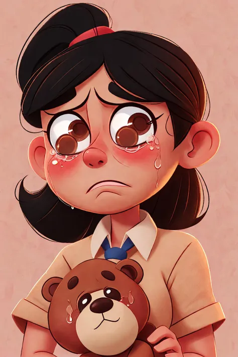 close-up photo portrait of a 30 yo asian woman, black ponytail, brown eyes, crying face expression, blush, shirt, tie, office lady, holding teddy bear, simple background