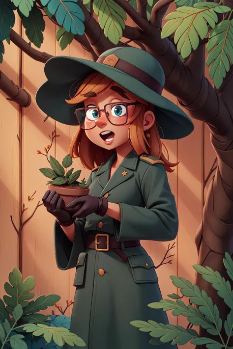 masterpiece, best quality,1girl,artist_name, bare_tree, branch, company_name, forest, glasses, gloves, hat, ivy, jungle, leaf, military, military_uniform, nature, open_mouth, palm_tree, plant, potted_plant, sleeves_rolled_up, solo, tree, uniform, vines, watermark, web_address