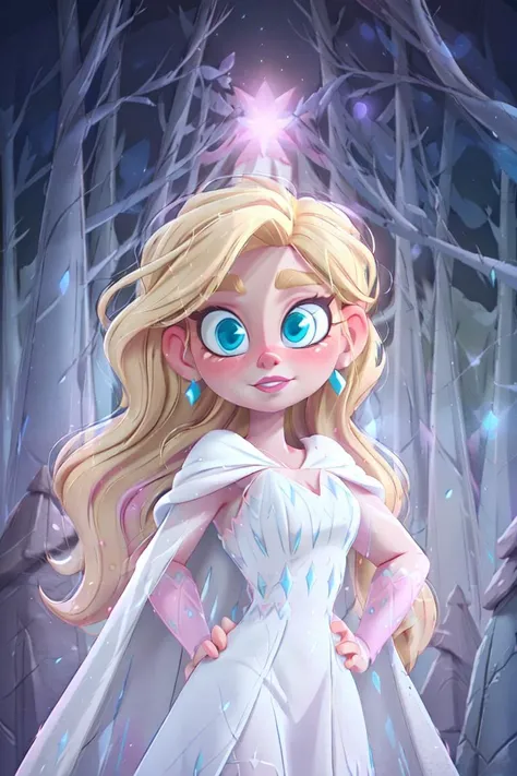 (snow_queen_elsa:1), frozen,  (white dress, white cape, blue details dress, long hair, blonde hair, blue eyes, pink lips, pale skin:1.5),  (loose hair:1.5),  ((blue eyes)), (dress:1), (long dress),  cartoony facial features, large round eyes, (white blonde hair:0.9), (realistic:1.2),  (masterpiece:1.2), (full-body-shot:1),(Cowboy-shot:1.2), snow, snowing, mountain background, light particles, snow forest background, neon lighting, dark romantic lighting, (highly detailed:1.2),(detailed face:1.2), (gradients), colorful, detailed eyes, (detailed landscape:1.2), (natural lighting:1.2),(detailed background),detailed landscape, (dynamic pose:1.2), close shot, solo, <lora:snow_queen_elsa (1):0.8> <lora:add_detail:0.5> <lora:hipoly3DModelLora_v10:0.05>  <lora:RSERomantic_RSESofiko_RSEEmma-v1:0.1>