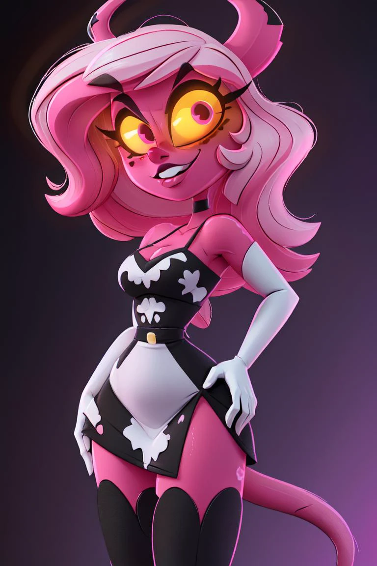 (demon form:1), (black and white dress with black details:1.5), (x and o on dress), (dress, black thigh high stockings, black heels:1.2), (pink red skin, white/pink hair, loose hair, long hair, demon:1.2), (hot pink skin, demon, succubus:1.2), (pink eyes, glowing pink and yellow eyes, demon eyes, yellow sclera:1.2), (demon girl, colored skin, pink red skin, horns, colored sclera, yellow sclera, tail, torn clothes, maxi dress, white long gloves), (realistic:1.2), (masterpiece:1.2), (full-body-shot:1),(Cowboy-shot:1.2), hell beach background, neon lighting, dark romantic lighting, (highly detailed:1.2),(detailed face:1.2), (gradients), colorful, detailed eyes, (detailed landscape:1.2), (natural lighting:1.2),(detailed background),detailed landscape, (dynamic pose:1.2), close shot, solo, <lora:VerosikaMayday:0.8> <lora:add_detail:0.3> <lora:hipoly3DModelLora_v10:0.05> <lora:RSERomantic_RSESofiko_RSEEmma-v1:0.1>