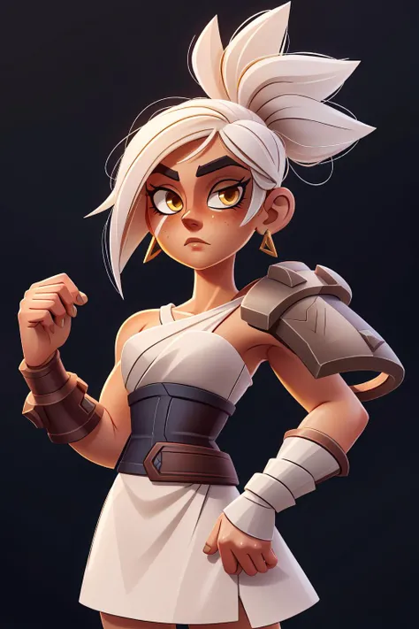 (masterpiece, best quality), intricate details,
1girl, <lora:Riven-000016:1> riven \(league of legends\), folded ponytail, short dress, coreset, single pauldron, white hair, black eyeshadow, bare shoulders,yellow eyes,