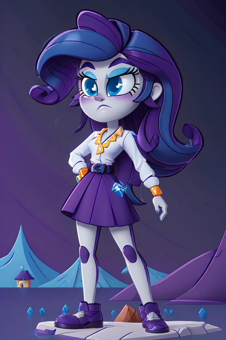 (mlprarity:1.2), (colored skin, white skin:1.5), (purple hair:1.5), (blue eyes, side parted hair, long hair, curly hair:1.2), (white blouse, purple skirt, purple belt:1.5), diamond theme, city girl, city, (realistic:1.2), (masterpiece:1.2), (full-body-shot:1.2),(Cowboy-shot:1.2), neon lighting, dark romantic lighting, (highly detailed:1.2),(detailed face:1.2), (gradients), colorful, detailed eyes, (detailed landscape:1.2), (natural lighting:1.2),(detailed background), detailed landscape, (glamour pose:1.2), solo, <lora:mlp_rarity-10:0.8> <lora:add_detail:0.15> <lora:hipoly3DModelLora_v10:0.05> <lora:RSERomantic_RSESofiko_RSEEmma-v1:0.1> <lora:BeautifulEyes:0.65> <lyco:coloredSkin-08:0.3>