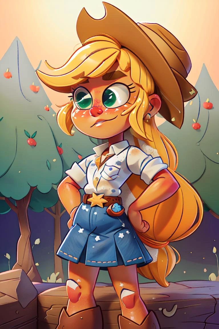 (mlpapplejack:1.2), (orange skin:1.5), (blonde hair:1.5), (green eyes, white freckles, long hair, low-tied long hair, side bangs:1.2), (white button up shirt, denim skirt, belt:1.3), (cowboy hat:1.5), (white freckles:1.5), cowgirl, nature background, apple farm, apple trees, (realistic:1.2), (masterpiece:1.2), (full-body-shot:1.2),(Cowboy-shot:1.2), neon lighting, dark romantic lighting, (highly detailed:1.2),(detailed face:1.2), (gradients), colorful, detailed eyes, (detailed landscape:1.2), (natural lighting:1.2),(detailed background), detailed landscape, (shy pose:1.2), solo, close up, <lora:mlp_applejack_human-10:0.85> <lora:add_detail:0.15> <lora:hipoly3DModelLora_v10:0.05> <lora:RSERomantic_RSESofiko_RSEEmma-v1:0.1> <lora:BeautifulEyes:0.65> <lora:CharacterDesign_Concept-10:0> <lyco:coloredSkin-08:0.4>