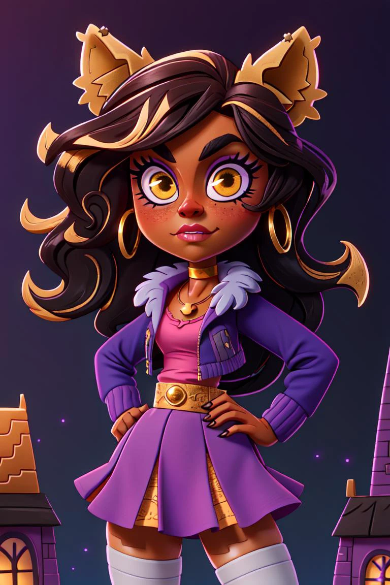 (Clawdeen:1.0), (wolf ears:1.5), (yellow eyes), (brown skin, dark brown skin, black skin), (curly brown hair, long hair, voluptuous hair:1.2), (purple eyeshadow, black choker necklace, gold necklace, pink shirt, black and purple jacket with white fur collar, purple skirt, high stockings:1.2), purple themed background, (realistic:1.2), (masterpiece:1.2), (full-body-shot:1.2),(Cowboy-shot:1.2), neon lighting, dark romantic lighting, (highly detailed:1.2),(detailed face:1.2), (gradients), colorful, detailed eyes, (detailed landscape:1.2), (natural lighting:1.2),(detailed background), detailed landscape, (cute pose:1.2), solo, close up, <lora:Clawdeen1.0:0.8> <lora:add_detail:0.15> <lora:hipoly3DModelLora_v10:0.05> <lora:RSERomantic_RSESofiko_RSEEmma-v1:0.1> <lora:BeautifulEyes:0.65> <lyco:coloredSkin-08:0.3>