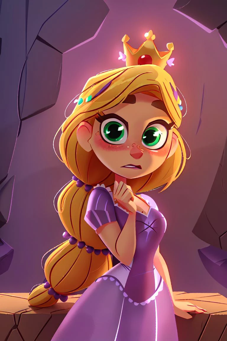 (rapunzel:1), (portrait:1.2), (3d character), (purple princess dress:1.5), (long hair, blonde hair, green eyes:1), (loose hair:1.5),  ((green eyes)), (dress:1), (long dress),  cartoony facial features, large round eyes, blonde hair, (realistic:1.2),  (masterpiece:1.2), (full-body-shot:1),(Cowboy-shot:1.2), green grass, dandelions,  light particles, magical background, neon lighting, dark romantic lighting, (highly detailed:1.2),(detailed face:1.2), (gradients), colorful, detailed eyes, (detailed landscape:1.2), (natural lighting:1.2),(detailed background),detailed landscape, (dynamic pose:1.2), close shot, solo, <lora:Rapunzel_v22:0.8> <lora:add_detail:0.05> <lora:hipoly3DModelLora_v10:0.05>  <lora:RSERomantic_RSESofiko_RSEEmma-v1:0.1>