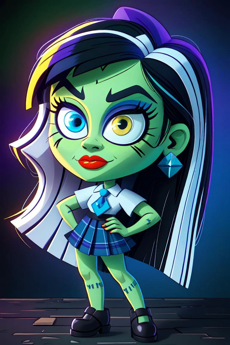 (frankie_MH:1.0), (heterochromia, blue left eye, green right eye, green skin, long hair, purple eye shadow, red lips:1.2), (black hair with white highlights, straight hair:1.2), plaid schoolgirl dress, Frankenstein neck bolts, (realistic:1.2), (masterpiece:1.2), (full-body-shot:1.2),(Cowboy-shot:1.2), neon lighting, dark romantic lighting, (highly detailed:1.2),(detailed face:1.2), (gradients), colorful, detailed eyes, (detailed landscape:1.2), (natural lighting:1.2),(detailed background), detailed landscape, (cute pose:1.2), solo, <lora:Frankie_MH:0.6> <lora:add_detail:0.15> <lora:hipoly3DModelLora_v10:0.05> <lora:RSERomantic_RSESofiko_RSEEmma-v1:0.1> <lora:BeautifulEyes:0.65> <lyco:coloredSkin-08:0.3>