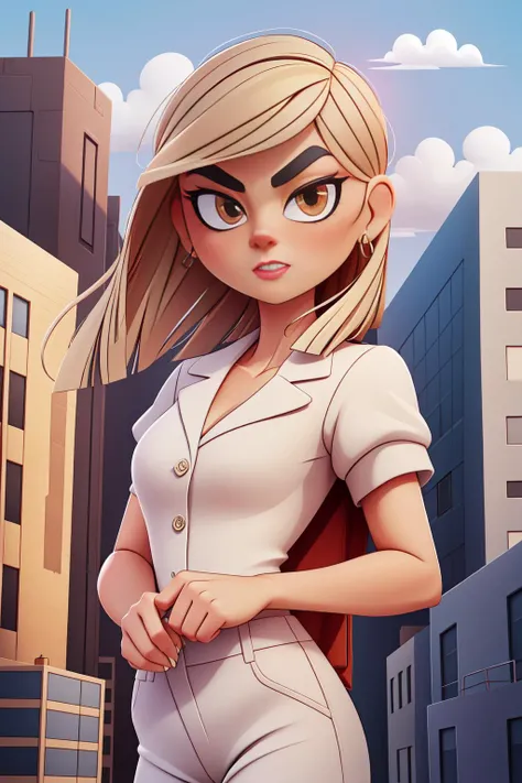 full shot of a woman, CaraDelevigne CaraDelevingnewatching us, intricate city background, Masterpiece, UHD, 8K, flonix_better