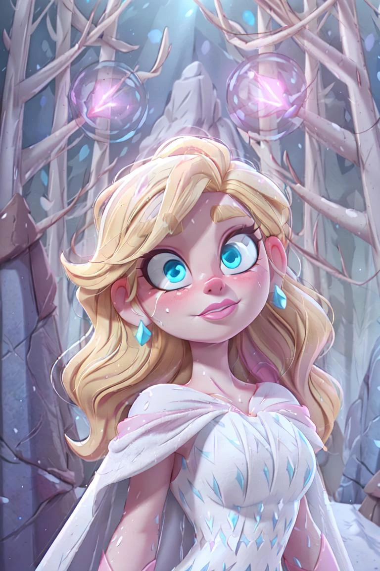 (snow_queen_elsa:1), frozen, (white dress, white cape, blue details dress, long hair, blonde hair, blue eyes, pink lips, pale skin:1.5), (loose hair:1.5), ((blue eyes)), (dress:1), (long dress), cartoony facial features, large round eyes, blonde hair, (realistic:1.2), (masterpiece:1.2), (full-body-shot:1),(Cowboy-shot:1.2), snow, snowing, mountain background, light particles, snow forest background, neon lighting, dark romantic lighting, (highly detailed:1.2),(detailed face:1.2), (gradients), colorful, detailed eyes, (detailed landscape:1.2), (natural lighting:1.2),(detailed background),detailed landscape, (dynamic pose:1.2), close shot, solo, <lora:snow_queen_elsa (1):0.8> <lora:add_detail:0.5> <lora:hipoly3DModelLora_v10:0.05> <lora:RSERomantic_RSESofiko_RSEEmma-v1:0.1>