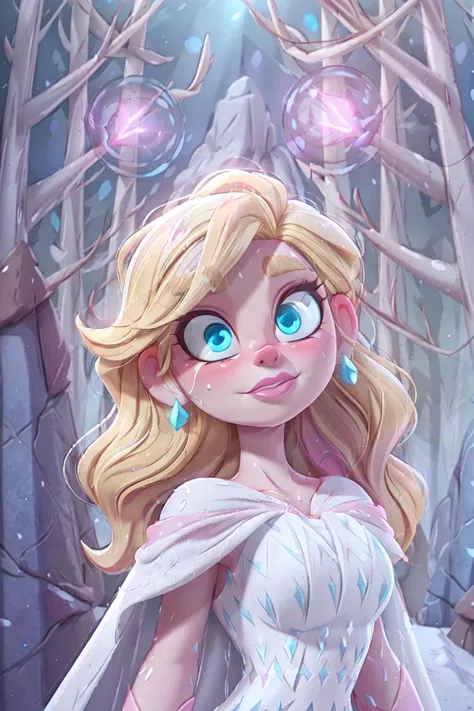 (snow_queen_elsa:1), frozen,  (white dress, white cape, blue details dress, long hair, blonde hair, blue eyes, pink lips, pale skin:1.5),  (loose hair:1.5),  ((blue eyes)), (dress:1), (long dress),  cartoony facial features, large round eyes, blonde hair, (realistic:1.2),  (masterpiece:1.2), (full-body-shot:1),(Cowboy-shot:1.2), snow, snowing, mountain background, light particles, snow forest background, neon lighting, dark romantic lighting, (highly detailed:1.2),(detailed face:1.2), (gradients), colorful, detailed eyes, (detailed landscape:1.2), (natural lighting:1.2),(detailed background),detailed landscape, (dynamic pose:1.2), close shot, solo, <lora:snow_queen_elsa (1):0.8> <lora:add_detail:0.5> <lora:hipoly3DModelLora_v10:0.05>  <lora:RSERomantic_RSESofiko_RSEEmma-v1:0.1>