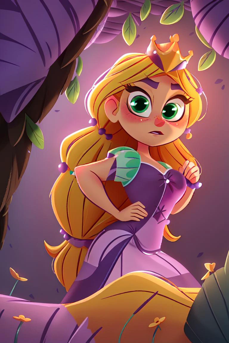 (rapunzel:1), tangled, (purple princess dress:1.5), (long hair, blonde hair, green eyes:1), (loose hair:1.5), ((green eyes)), (dress:1), (long dress), cartoony facial features, large round eyes, blonde hair, (realistic:1.2), (masterpiece:1.2), (full-body-shot:1),(Cowboy-shot:1.2), green grass, dandelions, light particles, magical forest background, neon lighting, dark romantic lighting, (highly detailed:1.2),(detailed face:1.2), (gradients), colorful, detailed eyes, (detailed landscape:1.2), (natural lighting:1.2),(detailed background),detailed landscape, (dynamic pose:1.2), close shot, solo, <lora:Rapunzel_v22:0.8> <lora:add_detail:0.05> <lora:hipoly3DModelLora_v10:0.05> <lora:RSERomantic_RSESofiko_RSEEmma-v1:0.1>