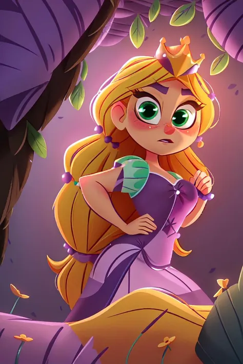 (rapunzel:1), tangled, (purple princess dress:1.5), (long hair, blonde hair, green eyes:1), (loose hair:1.5),  ((green eyes)), (dress:1), (long dress),  cartoony facial features, large round eyes, blonde hair, (realistic:1.2),  (masterpiece:1.2), (full-body-shot:1),(Cowboy-shot:1.2), green grass, dandelions,  light particles, magical forest background, neon lighting, dark romantic lighting, (highly detailed:1.2),(detailed face:1.2), (gradients), colorful, detailed eyes, (detailed landscape:1.2), (natural lighting:1.2),(detailed background),detailed landscape, (dynamic pose:1.2), close shot, solo, <lora:Rapunzel_v22:0.8> <lora:add_detail:0.05> <lora:hipoly3DModelLora_v10:0.05>  <lora:RSERomantic_RSESofiko_RSEEmma-v1:0.1>